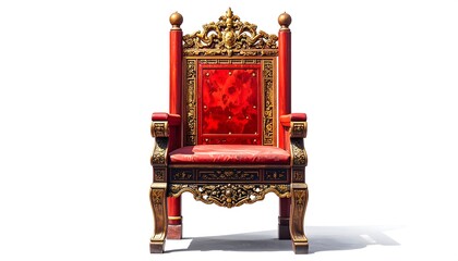 Ornate, regal throne isolated on white, with rich red upholstery, gold trim, and intricate carvings, fit for royalty