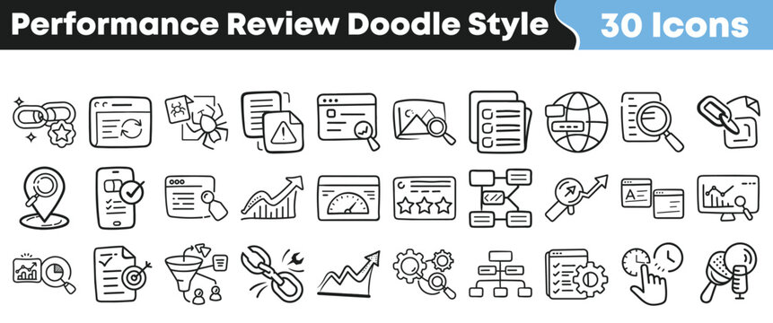 Collection of thirty doodle style icons representing essential concepts for website performance review and business optimization tasks.