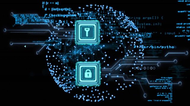 Digital video showcases global internet security through binary and icon compositions.