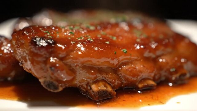A close-up view of a succulent barbecue rib on a plate, smothered in a rich sauce