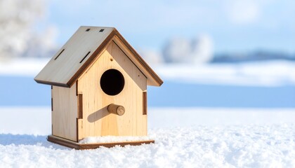 Wooden birdhouse in fresh snow, sunny winter background