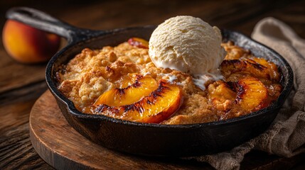 Grilled peach cobbler served in a rustic cast-iron skillet, caramelized peach slices with deep grill marks, bubbling golden biscuit topping, vanilla ice cream melting on top, warm sunset lighting