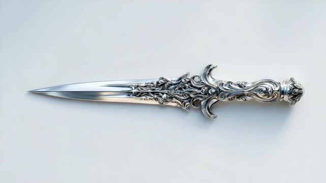 Ornate silver dagger with intricate filigree design against white background