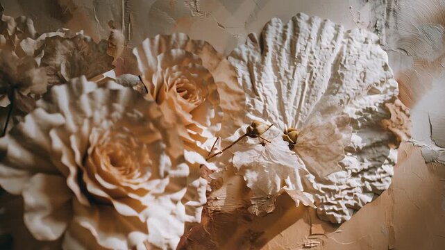 A painting of flowers with a brown background. The flowers are white. Abstract fine art wedding concept, romantic textures and forms, muted warm palette, elegant artistic wedding storytelling