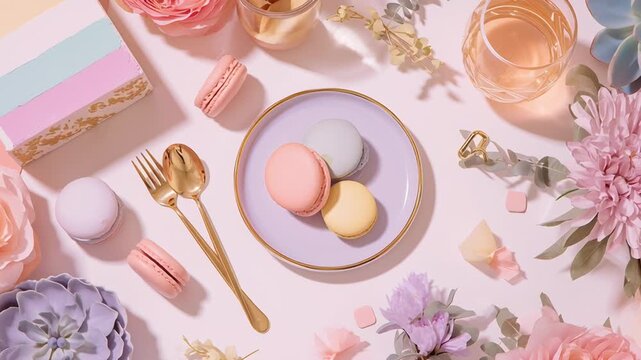 A plate of three macarons sits on a table with a fork and spoon. The plate is surrounded by flowers. Aesthetic birthday decor flat lay, pastel accents, refined composition, setup commercial lifestyle 