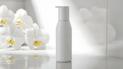 A white dispenser bottle standing on a reflective surface surrounded by white orchids