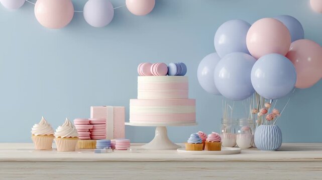 A birthday party with a pink and blue theme. The table is decorated with a cake, cupcakes. Aesthetic birthday setup, soft pastel color palette, minimal decoration, clean and elegant composition