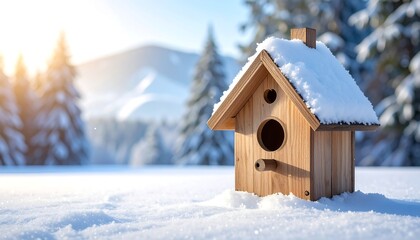 Wooden birdhouse covered in snow, serene snowy landscape backdrop
