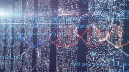 Animation of spinning dna structure and data processing over screens with microprocessor connections - Powered by Adobe