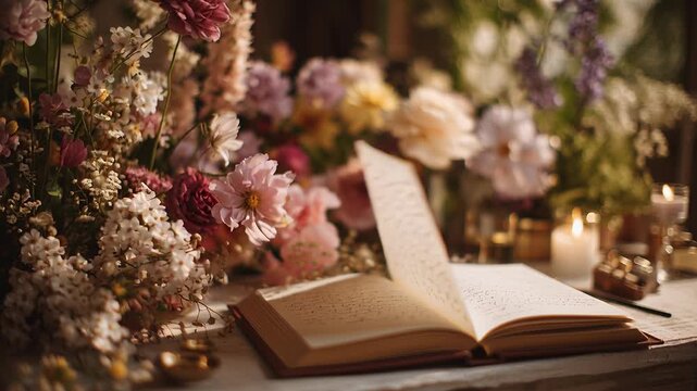 A book is open on a table with flowers and candles. The flowers are pink and purple. Aesthetic wedding planning scene, open notebook, soft florals, idea warm editorial lighting