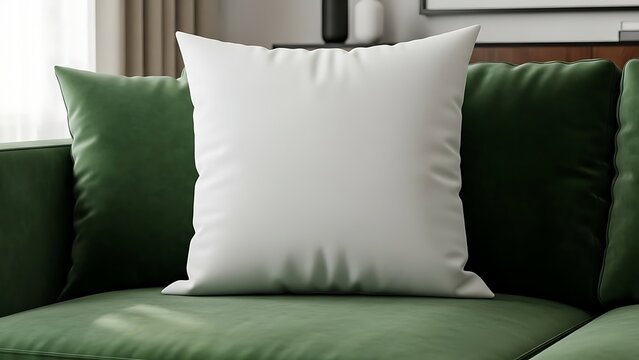 A white pillow on a green sofa in a cozy living room interior with soft lighting