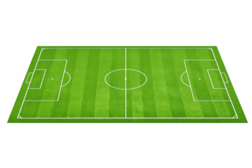 Soccer field, football pitch, or soccer stadium pitch with green grass stripes and white lines, transparent backdrop