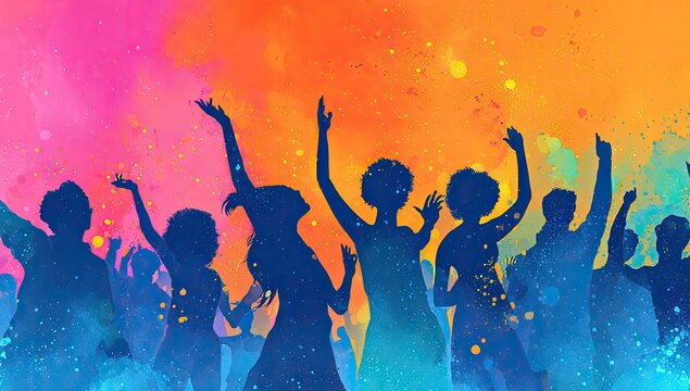 Silhouettes of people dancing joyfully against a vibrant, abstract explosion of color