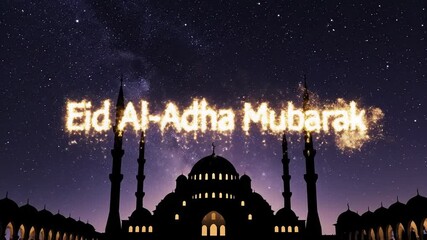 A Cinematic Greeting for Eid Al-Adha with Sparkling Typography Above the Silhouette of Mosque