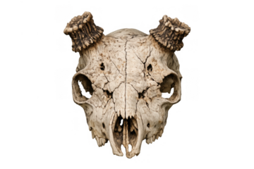 Weathered deer skull with small antlers on transparent background, symbolizing nature, death, time, biology, and wildlife