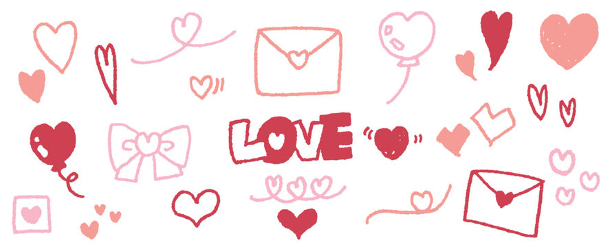 ハートの素材コレクション。かわいい手書きのハートマーク。バレンタインデーや記念日のイラスト。ベクターアイコン。