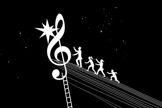 AI generator images of Musical notes and various musical symbols are used, with images of people in different poses placed on the five-line staff to represent the positions of musical notes. 