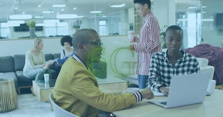 Animation of 6g text over diverse business people in office