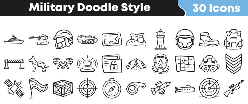 Collection of thirty hand drawn military and army doodle style icons representing essential equipment vehicles and personnel gear