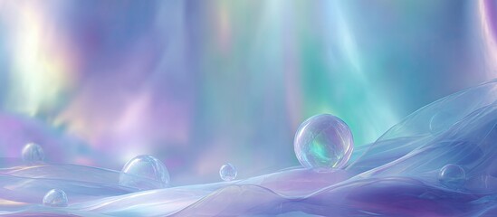 Iridescent spheres float on flowing, translucent fabric in a dreamy, soft-focus landscape