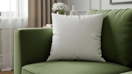 A white pillow on a green sofa in a serene living room setting with soft lighting