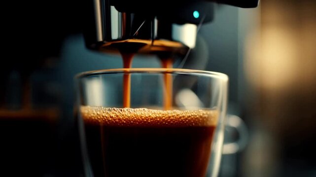 Freshly Brewed Coffee in Mug from Espresso Machine. Hot Morning Beverage with Creamy Foam, Caffeine Boost. Making ground coffee from coffee beans barista Style Drink at Home or Caf&eacute; break Concept,
