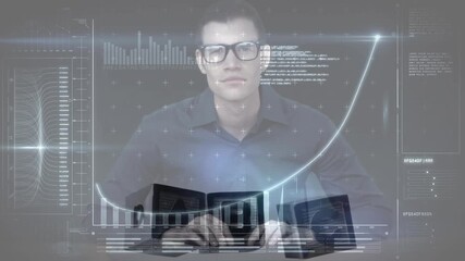 Animation of multiple graphs, database, caucasian man typing on keyboard, alphabets in wooden cubes