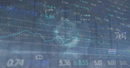 Animation of financial data processing over moving clock and globe - Powered by Adobe