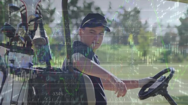 Animation of data processing over caucasian man at golf course