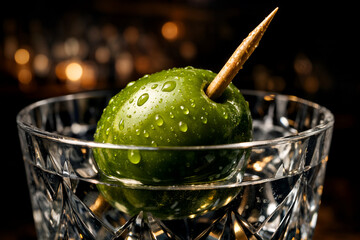 Sophisticated Martini with Olive: A crystal glass filled with a perfectly chilled martini, adorned with a plump green olive skewered by a toothpick.