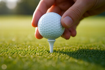 Perfect Golf Setup: A close-up shot of a golfer's hand placing a golf ball on a tee, set against the backdrop of a vibrant green golf course, ready for a perfect swing.