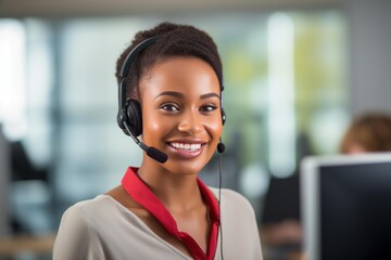 Young black woman operator providing support with a headset and microphone in a call center