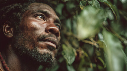 African man looking up contemplating nature and hope
