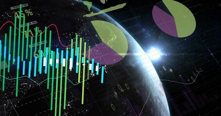Animation of financial data processing and statistics over globe - Powered by Adobe