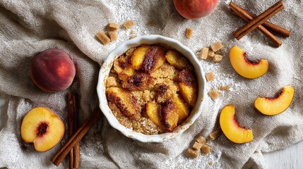 Overhead flat lay of grilled peach cobbler, scattered peach slices, cinnamon sticks, brown sugar crystals, rustic linen cloth, copy space, summer food styling