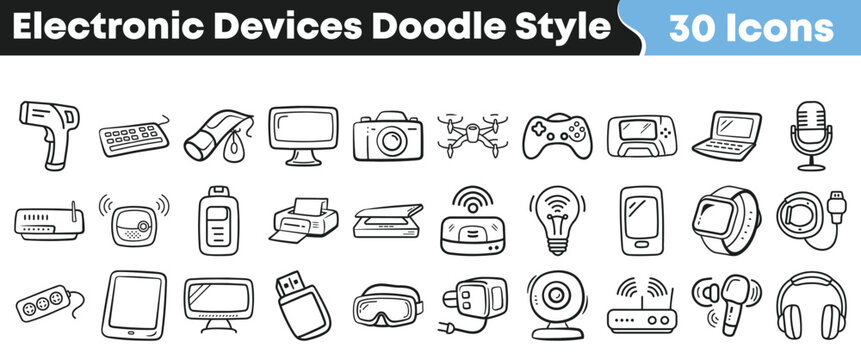Collection of thirty hand drawn doodle style electronic device icons featuring various modern technology and gadgets for digital media projects.