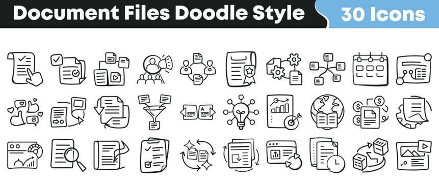 Collection of thirty hand drawn doodle style icons representing various document file management concepts and business processes
