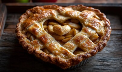 Fototapeta premium Top view of baked apple pie with love heart pastry 