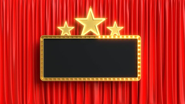 Retro marquee sign with star lights on a red curtain for custom text. 3D Render