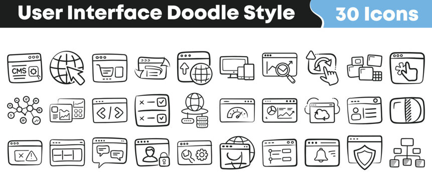 Collection of thirty hand drawn user interface icons representing various web development concepts in a distinct doodle style