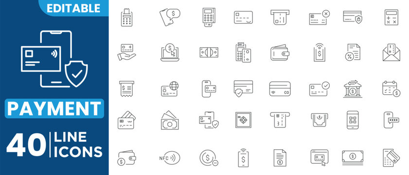 Online payment set of line icons. Payment linear icon collection containing cashless wallet, e-wallet, money transfer, banking, credit card and transactions. Editable stroke
