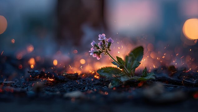 Delicate bloom pushes through embers, light and life emerge from ashes