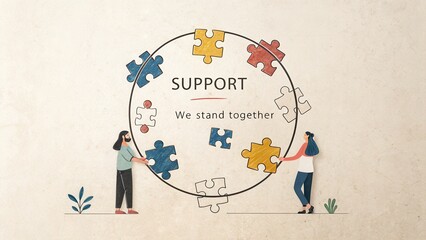 Support and Unity Illustration with People Holding Puzzle Pieces in Diverse Colors on a Light Background