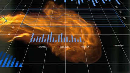 Animation of financial data processing and statistics over flame - Powered by Adobe