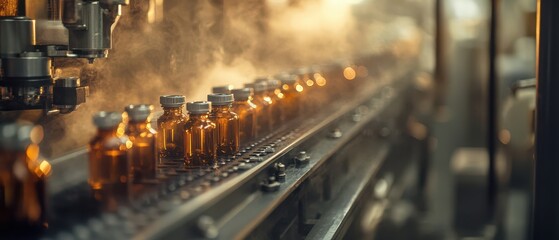 Medical vials on production line at clear pharmaceutical factory, Pharmaceutical machine working pharmaceutical glass bottles production line