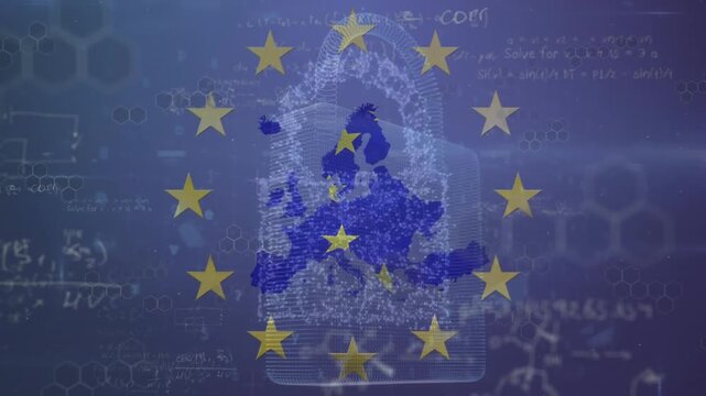 Animation of padlock, map of europe, data processing and flag of eu