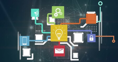 Animation of network of connections with icons, computer data processing - Powered by Adobe