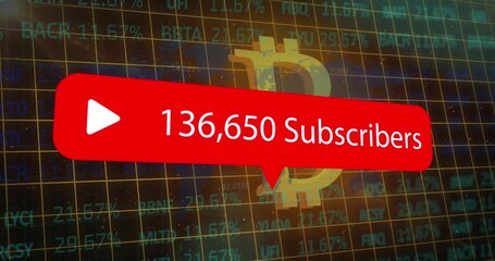 Animation of bitcoins, subscribers text and financial data processing - Powered by Adobe