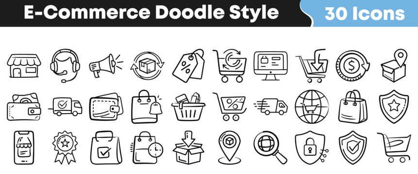 Collection of thirty hand drawn doodle style icons representing various essential elements for modern digital electronic commerce transactions and services