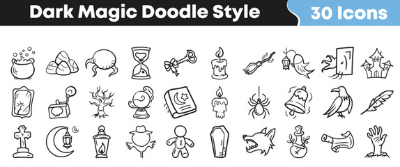 Fototapeta premium Collection of thirty distinct dark magic doodle style icons featuring classic symbols like cauldrons ghosts and spooky elements